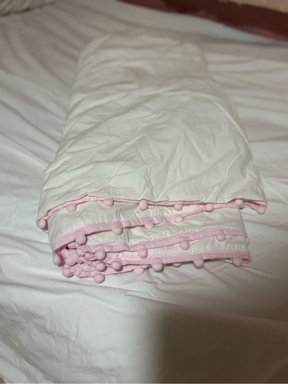 Pottery Barn Kids White Cotton Duvet Cover with Pink Pom Trim Set of 2 Twin Size